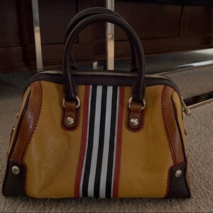 Henri Bendel Yellow and Brown Barrel Bag with Signature Stripes